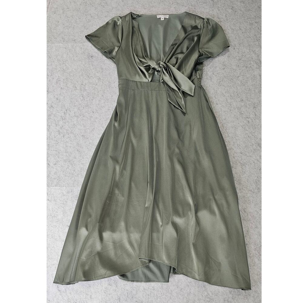 Baltic Born Satin Tie Front Midi Dress Sage Green Flutter Sleeve Size M - Picture 12 of 16
